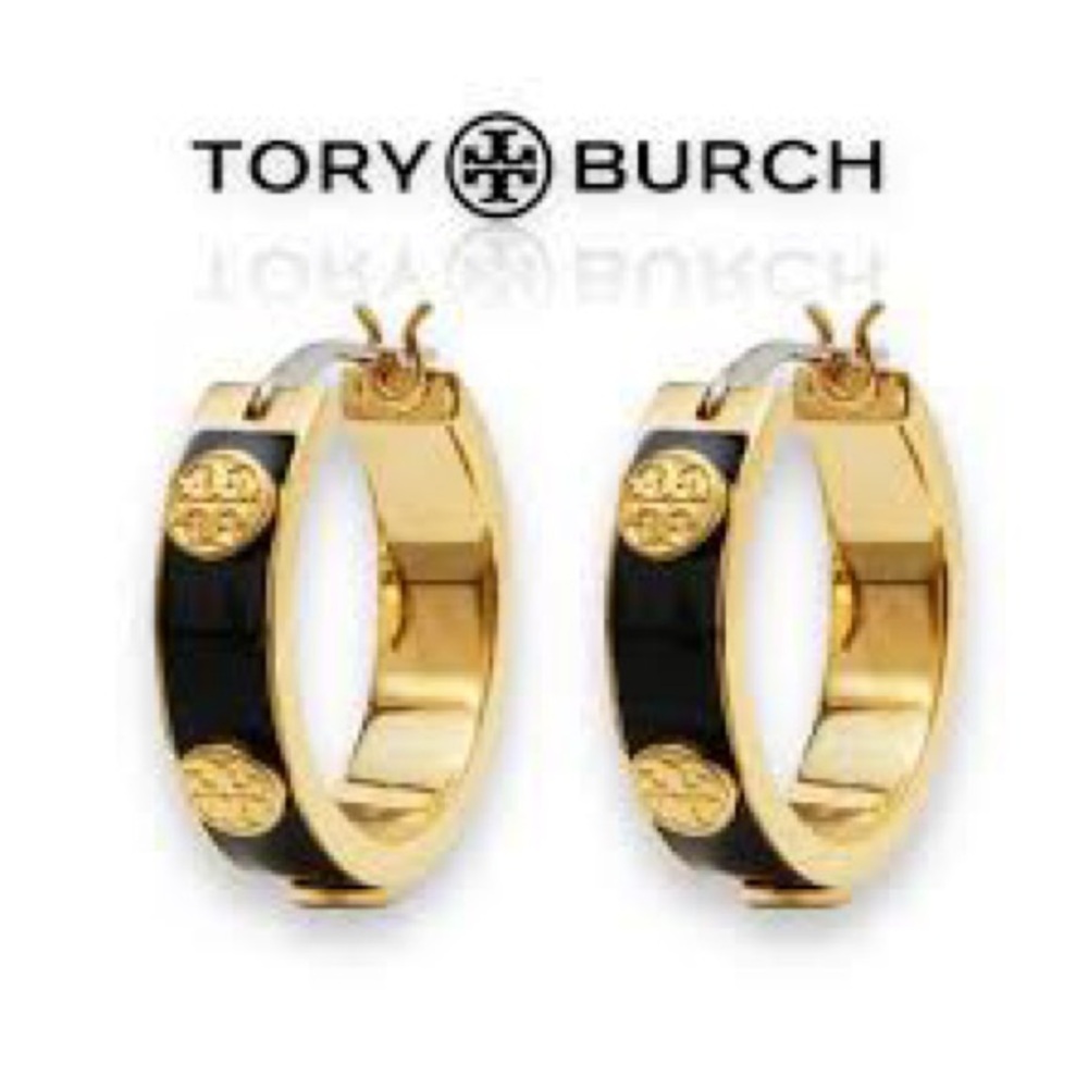 NIP Tory Burch Miller Stud Enamel Hoop Earrings Black & Gold Logo Hoops
